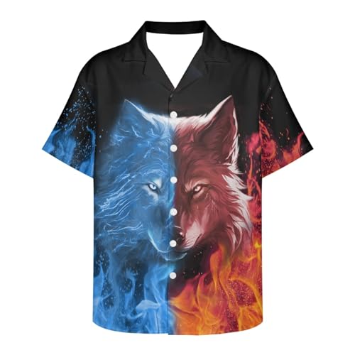 GLUDEAR Mens Novelty Cool Wolf Print Hawaiian Button Down Shirts Holiday Short Sleeve Slim Casual Top Shirt