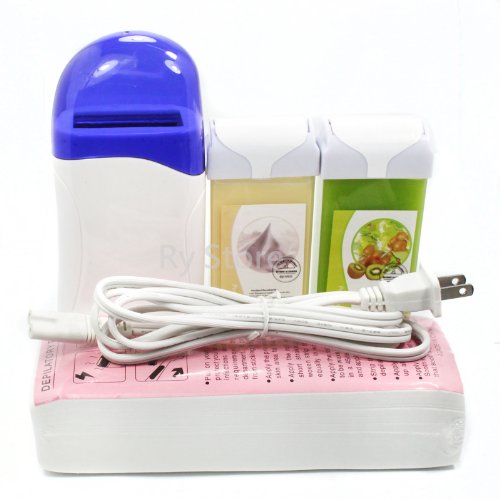 New 4 in 1 Roll on Refillable Depilatory Hot Wax Heater Waxing Hair Removal Cartridge Kit Warmer Salon Tools Machine with 100 PCS Paper Strip , Creme Kiwi Fruit Taste 100g Wax Roller, 110v Us Plug