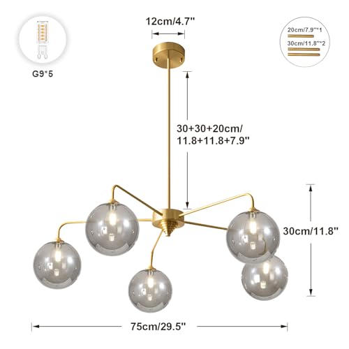 Image of 5-Light Gold Sputnik Chandelier, Mid Century Modern, Smoke Gray Glass Shade, Kitchen, Dining, Bedroom, 38.6 inch L x 30.7 inch H