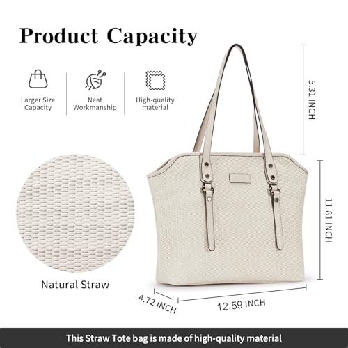 Image of Tote Bag for Women,Large Capacity Straw&Vegan Leather Tote Purses for Women,Shoulder Bags For Daily Travel Work Beach