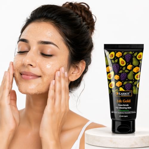 Image of KARROT Anti-Dullness 24K Gold Face Scrub for Glowing Skin | Instant Skin Brightening Deep Cleansing Exfoliator for Tan Removal, Blackheads & Dead Skin | Smooth Radiant Skin for Men & Women - 100g