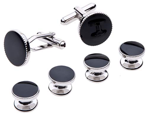 Cufflinks and Studs Set for Tuxedo - Formal Black with Shiny Silver Trimming by Velette
