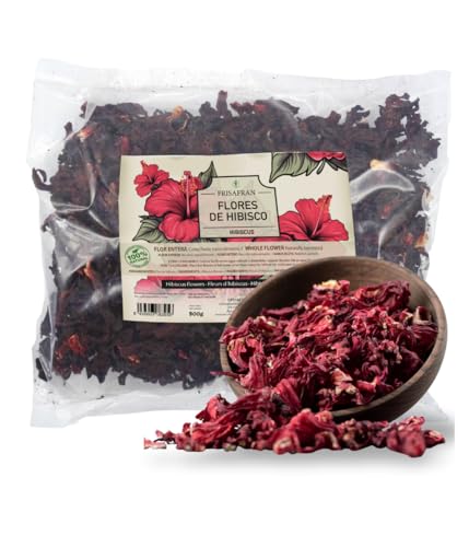 FRISAFRAN | Flor de Hibisco 900g | Hibiscus Sabdariffa | Flor de Jamaica para Infusión | Té de Hibisco | Sabor Ácido y Refrescante | Uso Frío o Caliente | Hojas Enteras