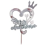  Mata Diseños. Topper para tarta Feliz Aniversario, Cake Topper color Plata con detalles incrustados brillantes y corazones, Diseño original y único 100% Hecho a mano