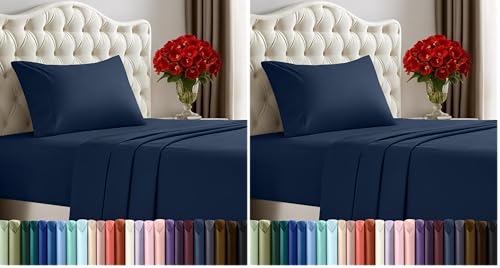 Image of Utopia Bedding Twin Sheet Set - 3 Piece Bed Sheets for Twin Size Bed, Soft and Breathable Microfiber, Includes 1 Fitted Sheet, 1 Flat Sheet and 1 Pillowcase (Navy Blue) (Pack of 2)