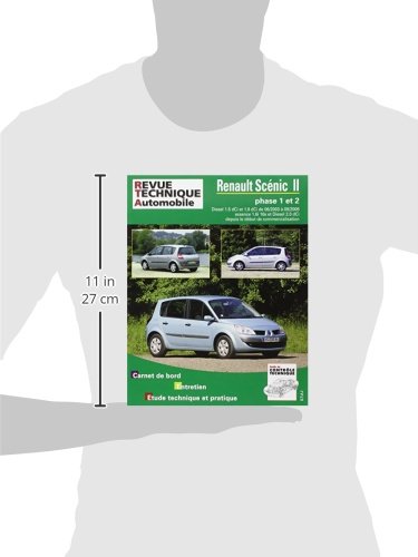 വശം view of the Renault Scénic II technical manual held by hands, showing its approximate dimensions of 11 inches (27 cm) in height.