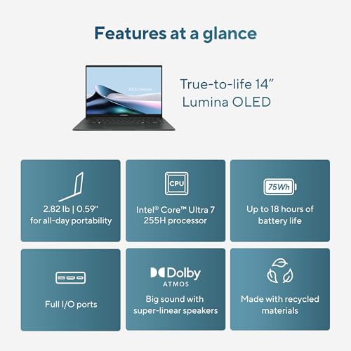 Image of ASUS Zenbook 14 OLED Touchscreen AI PC Laptop,14 inch FHD+, Intel Ultra 7 255H, 16GB DDR5, 512GB SSD,16-Core (> i9-13900H), Backlit, 2x Thunderbolt 4, Wi-Fi 7, IR Webcam, 18-Hr Battery, Win 11 Pro, UX3405