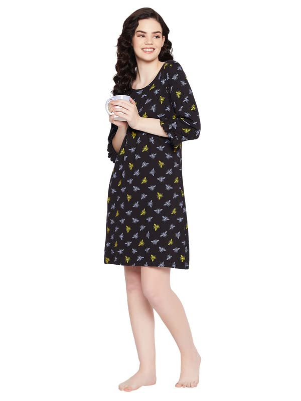clovia Women's Cotton Dragonfly Print Short Night Dress with Pocket in Black-picture-25