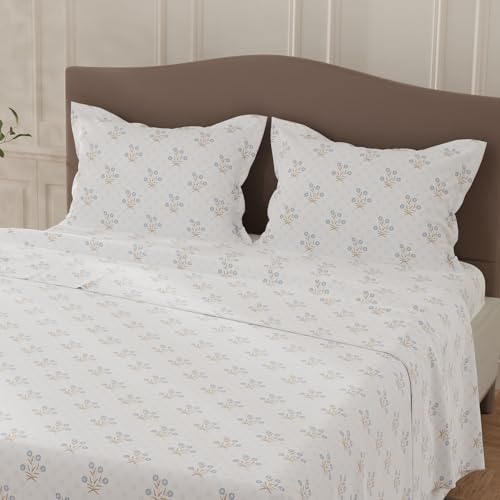 Image of Layers 100% Cotton Bedsheet for Double Size Bed | Lumina Floret Collection | 144 TC Soft & Breathable | Floral Print with 2 Pillow Covers | Wrinkle Free | 3 Piece Bedding Set - Blue & White