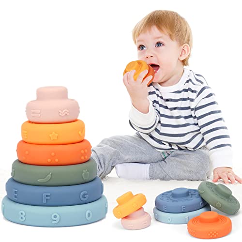 Image of SYNPOS 6 PCS Baby Stacking Teething Toy, Stacking Nesting Toys, Soft Building Stacker Squeeze Toy, Baby Montessori Sensory Toys with Number, Fruit and Shape, Early Learning Toys for Toddlers 6 Months