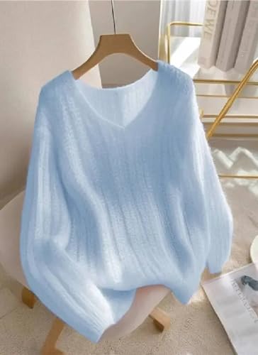 Women's Pink Long Sleeve Plain V Neck Knit Loose Oversized Pullover Jumper Y2K Sweater Cozy Fall Winter Outfits2