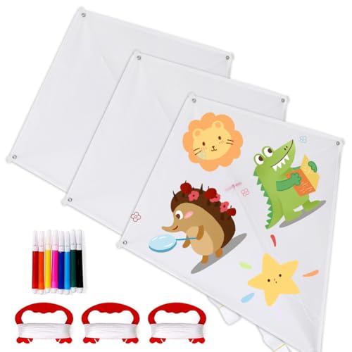 Umllpet Cometas para Niños, 3 Piezas Diseñe Su Propio Kit de Cometas, Cometa Blanca para Niños, Cometas para Pintar con 8 Rotuladores de Colores para Pintar y Colorear su Propia Creación