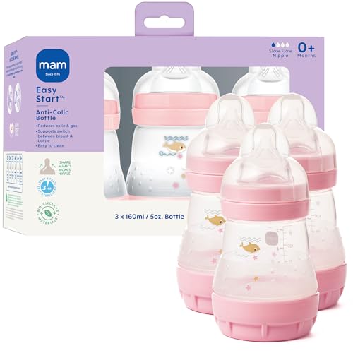 Image of MAM 5oz Easy Start Anti-Colic Wide Neck Vented Baby Bottle, Slow Flow Breastfeeding-Like Nipple,Reduces Colic Gas & Reflux, Easy Clean, BPA Free,0+ Months, Made in Europe,Bonus Medium Flow Nipple