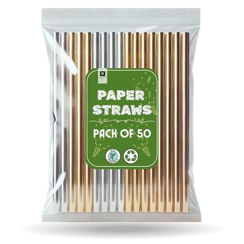 AKH® Paper Drinking Straws | Pack of 50 | Eco Friendly Compostable Straws for Parties & Cocktails | Bulk Pack Recyclable Disposable Straws | Food Safe & Multi Layered | Gold & Silver