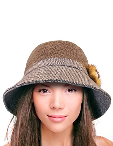 Dahlia Women's Cloche Winter Bucket Hat - Dual Tone Flower, Brown