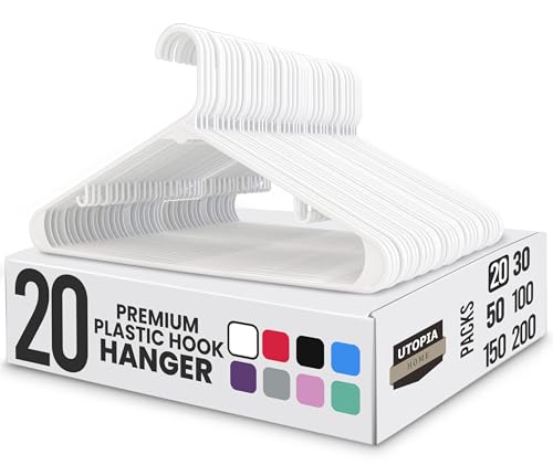Utopia Home Plastic Hangers 20 Pack - Space Saving Clothes Hanger - Durable & Strong Closet Organizers and Storage with Built-in Strap Hooks - Essential for Shirts, Pants, Skirts & Coats (White)