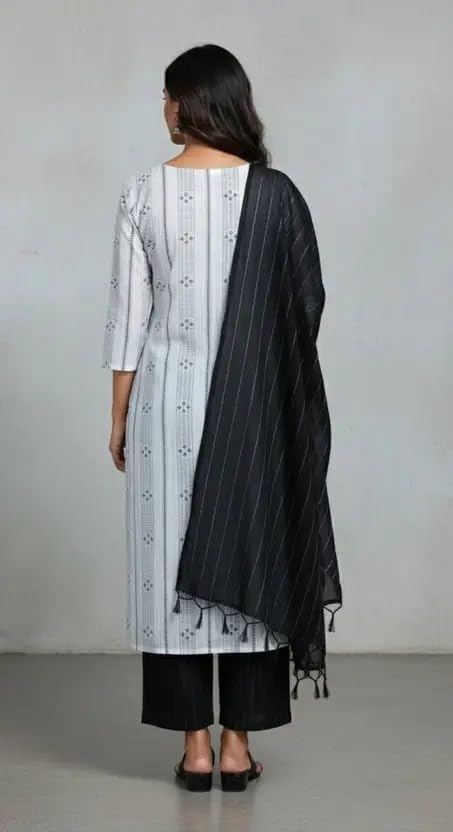 Image of Women's White Cotton Printed Kurta Set with Pant & Dupatta by Il Filo | Elegant Ethnic Outfit for Office Wear, Festive & Party Look