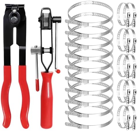 CV Boot Clamp Tool Kit, 2-in-1 Banding Tool & Clamp Pliers with Cutter and Winder, Includes 20 Adjustable Stainless Steel Crimp Bands (2 Sizes), for Most Cars, ATV & UTV, Fuel & Cooling Hoses