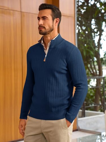 Runcati Mens Quarter Zip Sweater Mock Neck Casual Ribbed Knit Pullover Fall Lightweight Polo Sweaters2