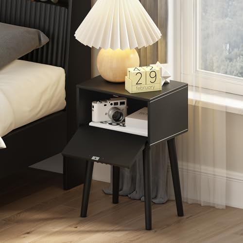 LAATOOREE Set of 2 Nightstands with Fluted Door - Modern Mid-Century Side Tables for Small Spaces (Black)