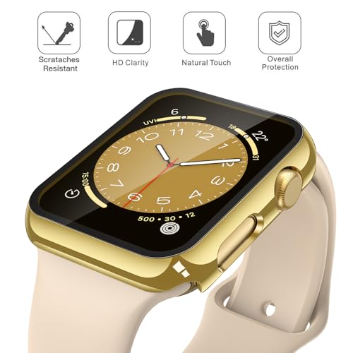 Image of Misxi Case with Screen Protector for 38mm Apple Watch Series 3 /2 | 2-Pack Cover with Tempered Glass for 3 /2, Scratch Resistant Sensitive Touch, 1 Gold + 1 Transparent
