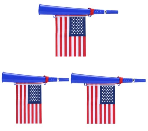 FerneeButy 3 Pack Stadium Horns Vuvuzela Style Noise Makers with American Flag, Loud Plastic Soccer Horns for Football Games, Sports Events, 4th of July Party Favors