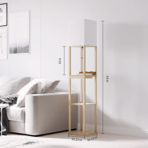 Image of SUNMORY Floor Lamp with Shelves,Modern Dimmable Wood Standing Lamp with 1 Drawer and 2 USB Ports & 2 Power Outlet,Corner Tall Bookshelf Lamp for Living Room and Bedroom(Wood Color)