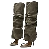 Yishaweiqi Slouched Ruched Knee High Heels for Women Round Open Toe Stiletto Heels Pull On Wide Calf Sandals