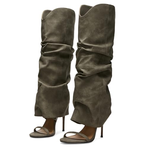Yishaweiqi Slouched Ruched Knee High Heels for Women Round Open Toe Stiletto Heels Pull On Wide Calf Sandals