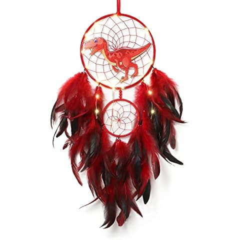 LOMOHOO Dinosaur Dream Catcher for Kids, Feather Dream Catchers with LED Light, Handmade Home Decor Wall Hanging with Double Ring for Nursery Boy Bedroom Birthday Gift(red) Cover