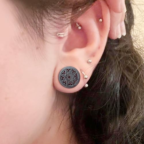LADEMAYH 2Pcs Chic Ear Plugs Tunnels Gauges for Women, Black Artistic Hollow Pattern Design, 1in(25mm) Gauges for Ears, Hypoallergenic Surgical Stainless Steel 316L Ear Stretching Jewelry by LADEMAYH - Image 2