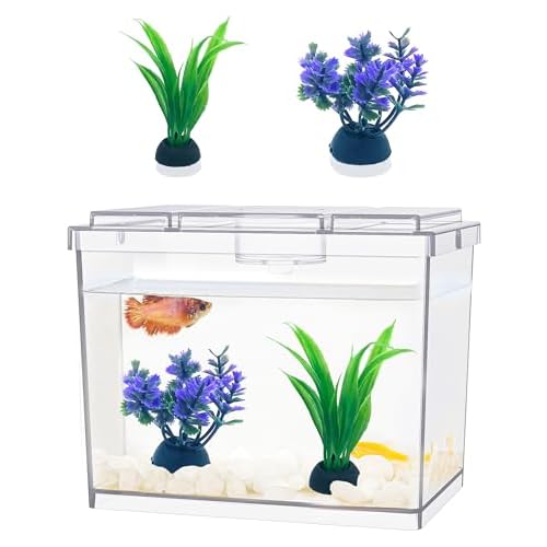 Mini Betta Fish Tank, Small Fish Bowl for Temporary Space, 0.2 Gallon Stackable Cube Tank with Artificial Plants and Gravels for Small Fish, Insect, Shrimp, Crab, Spider. (Pack-1)