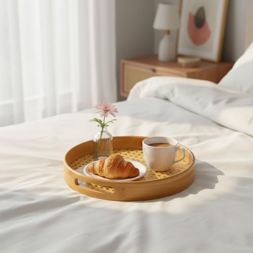 Image of Curated Cart Bamboo Serving Tray with Cut-Out Handles - Rattan Cane Woven Base - Eco-Friendly Rustic Tray for Coffee Table, Breakfast, Kitchen, Bathroom Decor - Lightweight, Durable - Round - 25cm