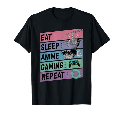 Eat Sleep Anime Gaming Repeat Otaku Gamer Kawaii Maglietta