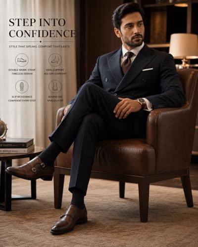Image of Men's Double Monk Strap Formal Shoes | Cap Toe Design, Polished Upper, Soft Cushioned Insole, TPR Outsole, Slip-On Formal Shoe for Men Office Dress, Party & Wedding Footwear