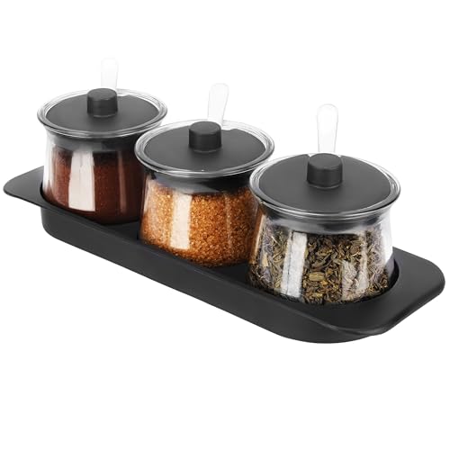 Belle Vous Botes Especias con Bandeja - 3x Cajas Organizadoras Transparentes 300 ml con Tapa y Cucharas - 3x Botes Especias Cristal para Sal Azúcar Chuches Condimentos de Cocina