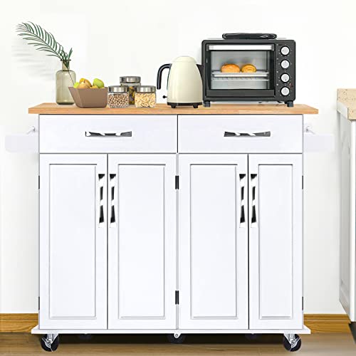 Codesfir Kitchen Island With Drawers And Large Storage Cabinet, Rolling Kitchen Serving Cart With Towel Holder Utility Trolley And Adjustable Shelves, Rubber Wood Top, Easy To Assembly,(White) #TOP7