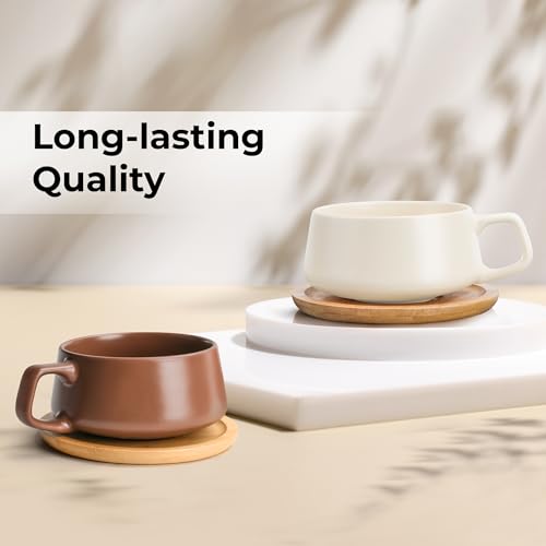 MIAMIO, 320 ml, Set of 4 Ceramic Tea Cup and Saucer Bamboo/Tea Mug, Wide Cappuccino Cup - Image 3