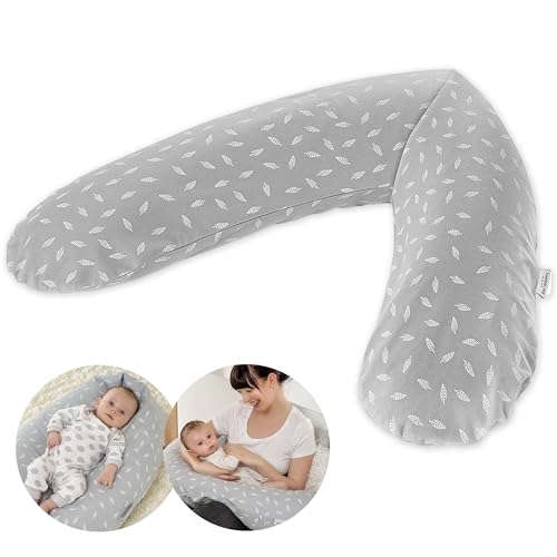Theraline Original Almohada Embarazada XXL 190 cm - Cojin Lactancia Bebe 100% Algodón - Relleno de Microperlas Silenciosas - Cojín Dormir Embarazo Sin Sustancias Nocivas - Gris Hojas
