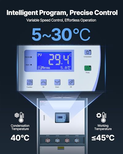 Image of VEVOR Air-Cooled Water Chiller, 16.67 HP, Industrial Water Chiller with 45,360 Kcal /h Cooling Capacity, Dual Compressor, 53 Gal Large Tank, LED Display, Cooler for Cooling Water, Not Air Conditioner