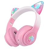 QKSHZHZQ Wireless Cat Ear Headphones for Kids - LED Light up Bluetooth 5.3 Headset with ON/Off Switch, Adjustable & Foldable and Perfect for Learning/Gifts/Girls/Boys/Adult (New Pink)
