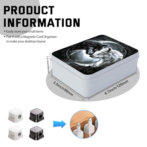 Image of Metal Tin Box with Lid,Multi-functional Storage Box Can Store Tea Biscuits Game Cards, Playing & Tarot Cards-Comes with 4 Magnetic Cord Clips,Black and White Twin Wolves