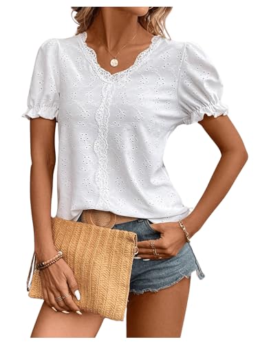 SweatyRocks Women's Puff Sleeve Lace Trim V Neck Eyelet Top Embroidery Blouse3