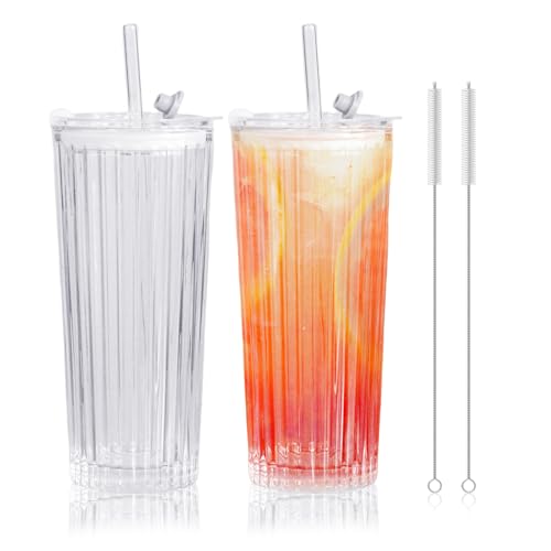 18 Oz Ice Coffee Cups Set of 2 Clear Glass Cups with Lid and Glass Straw for Iced Coffee, Tea, Water, Juice, Coffee, Durable Dishwasher Safe