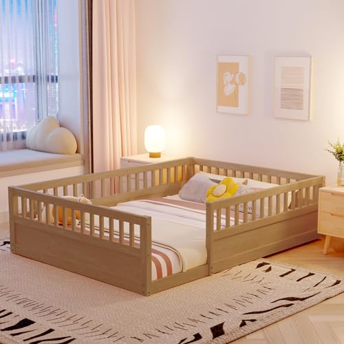 Image of DNYN Full Size Montessori Floor Bed for Kids Bedroom,Wooden Bedframe w/Fence & Easy Assemble & Space Saving Design & No Box Spring Needed, Natural