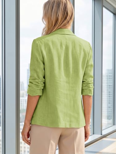 Image of Mina Self 2026 Summer Women's Linen Blazer Jacket - Lightweight Breathable 3 /4 Stretchy Ruched Sleeve Casual Work with Pocket