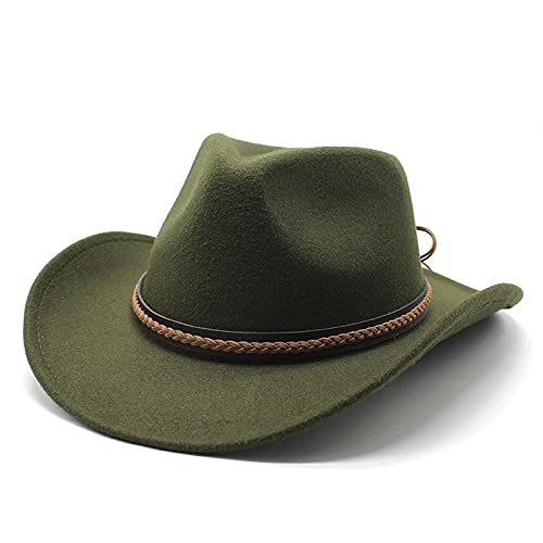 HHF Caps & Hats 2022 Winter Roll Up Brim Western Cowboy Hat with Leather Retro Gentleman Lady Jazz Cap Cowgirl Church Caps (Color : Army Green, Size : 56 58CM)
