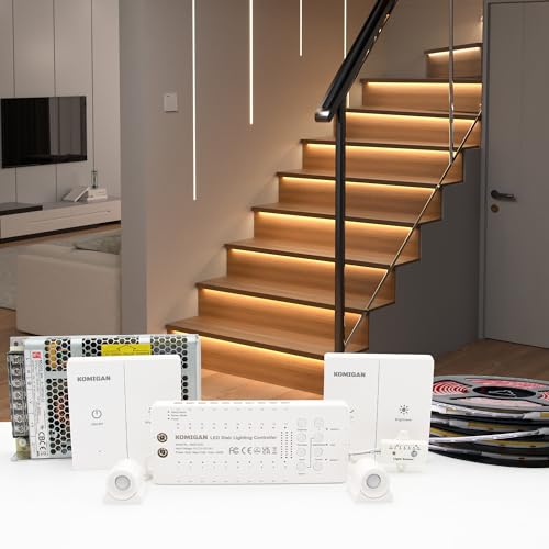 KOMIGAN Motion Sensor with Daylight Sensor LED Stair Light Kit KMG-4233, Multiple Functions with Switch Panel Control, 40 Inches Light Strip for Indoor Use (Warm White 3000K, 16 Stairs)
