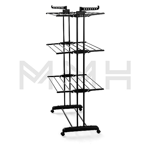 Varal De Chão Vertical 3 Andares Reforçado Grande Prateleira Dobrável Preto