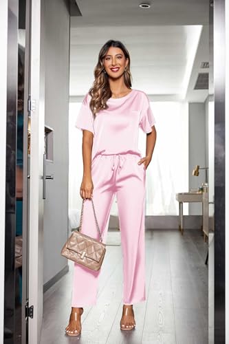Image of Ekouaer Womens Satin Silky Pajama Set Short Sleeve Shirt with Long Pajama Pant Set Soft PJ Loungewear